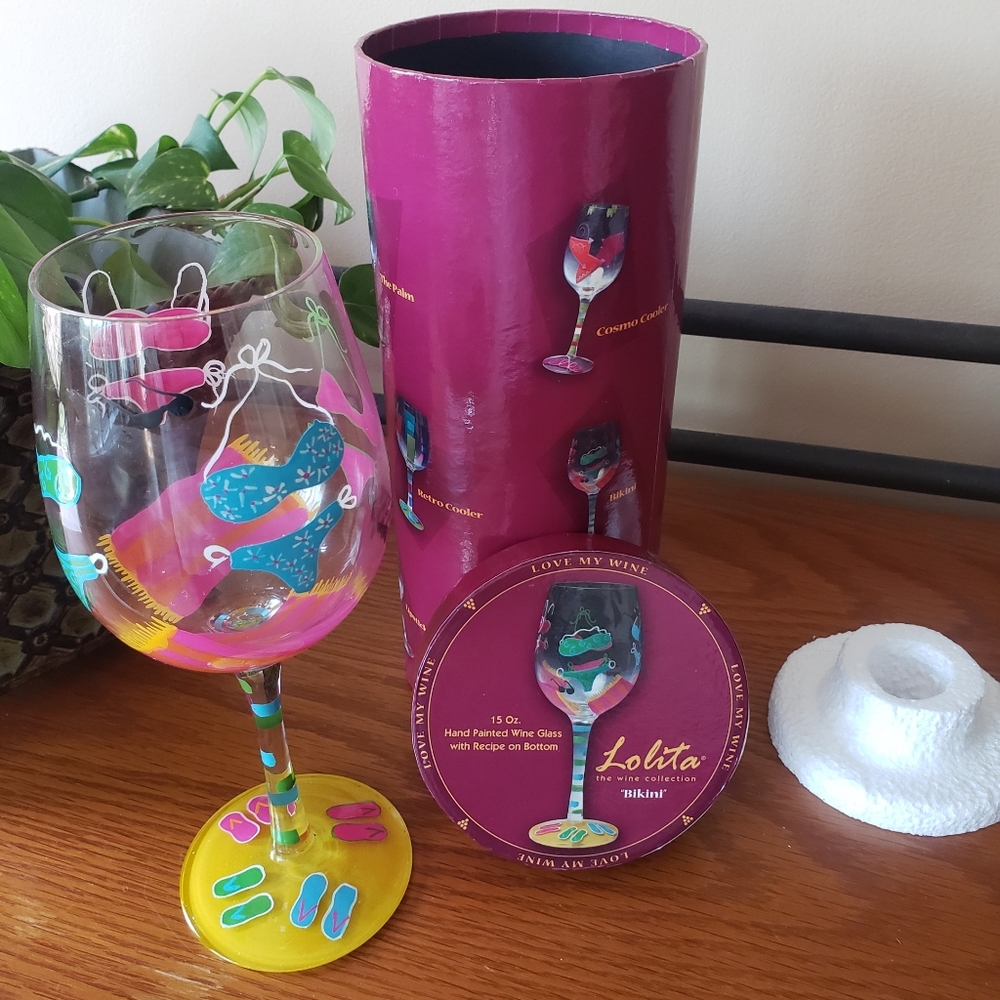 NWT- Lolita Hand-Painted Wine Glass - "Bikini" Colorful Design - 15 Ounce